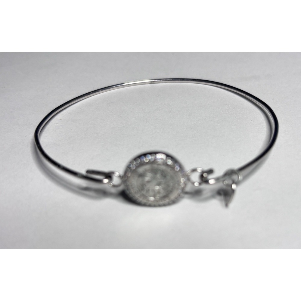 STIA S925 Sterling Silver CZ Halo Medallion Bangle Bracelet Designer Signed 6.75
